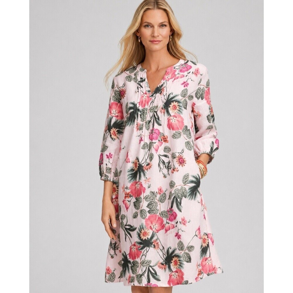 Chicos Pintuck 100% Linen Shift Dress Sz XS Pink Floral Feminine Autumn Wedding